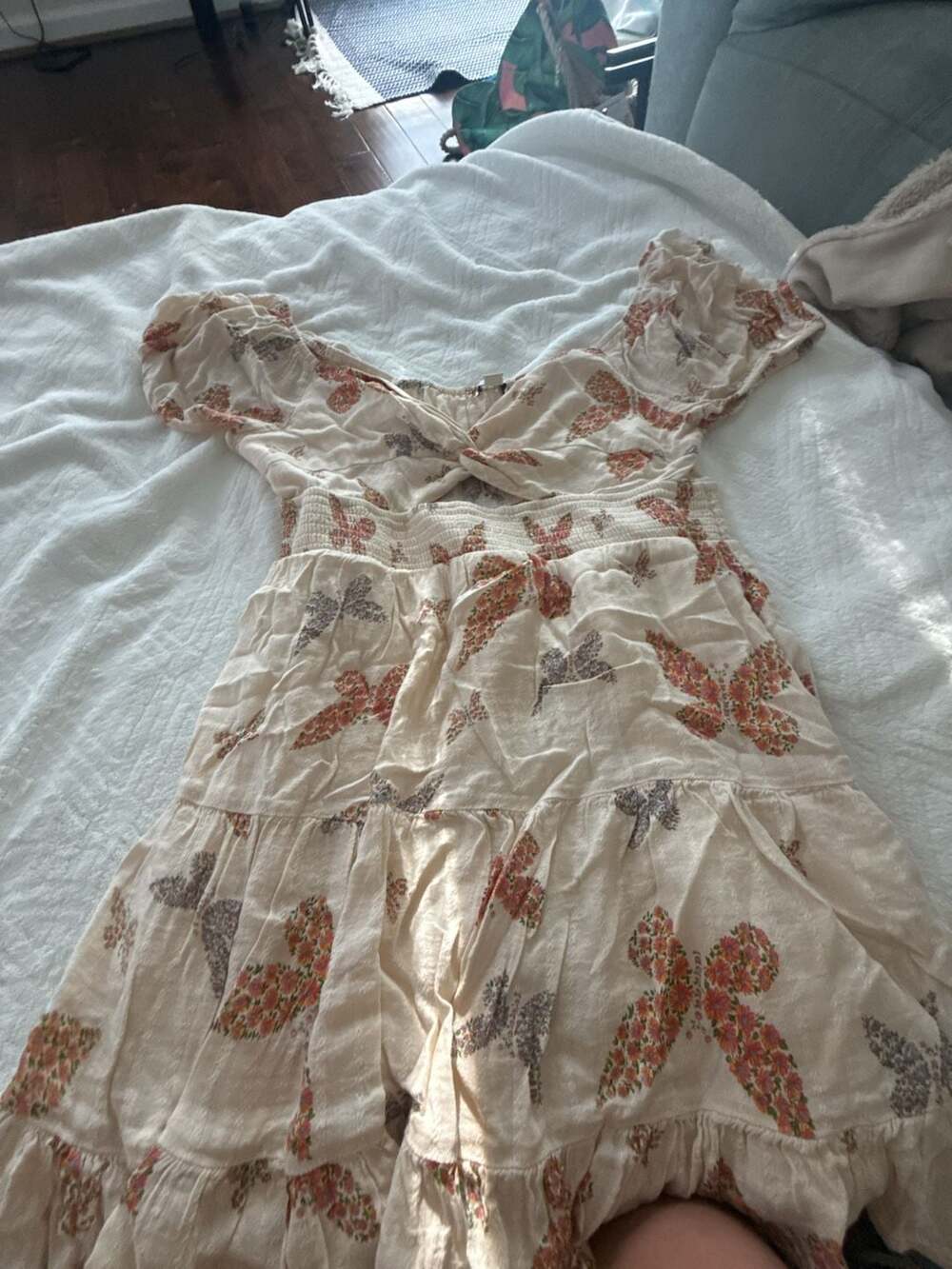 American Eagle Butterfly Cut-Out Twist Puff Sleeve Mini Flare A-Line Dress